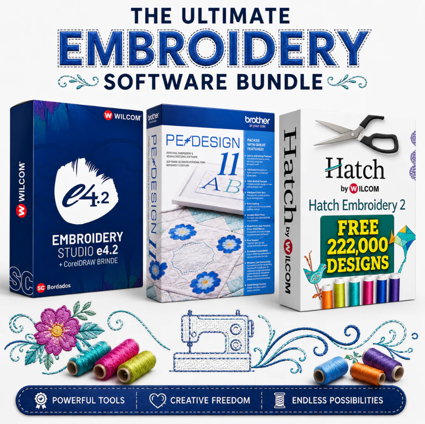 Ultimate Embroidery Software Bundle | Wilcom Embroidery Studio e4.2 + Brother PE-Design 11 + Hatch Embroidery 2 Digitizing Software